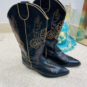 Black with tan embroidered cowboy boots